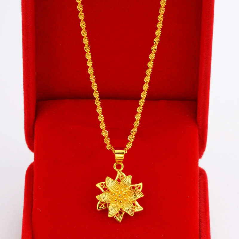 Vietnamese Gold-Toned Brass Hollowed Out Fortune Bag Pendant Necklace with Retro Design