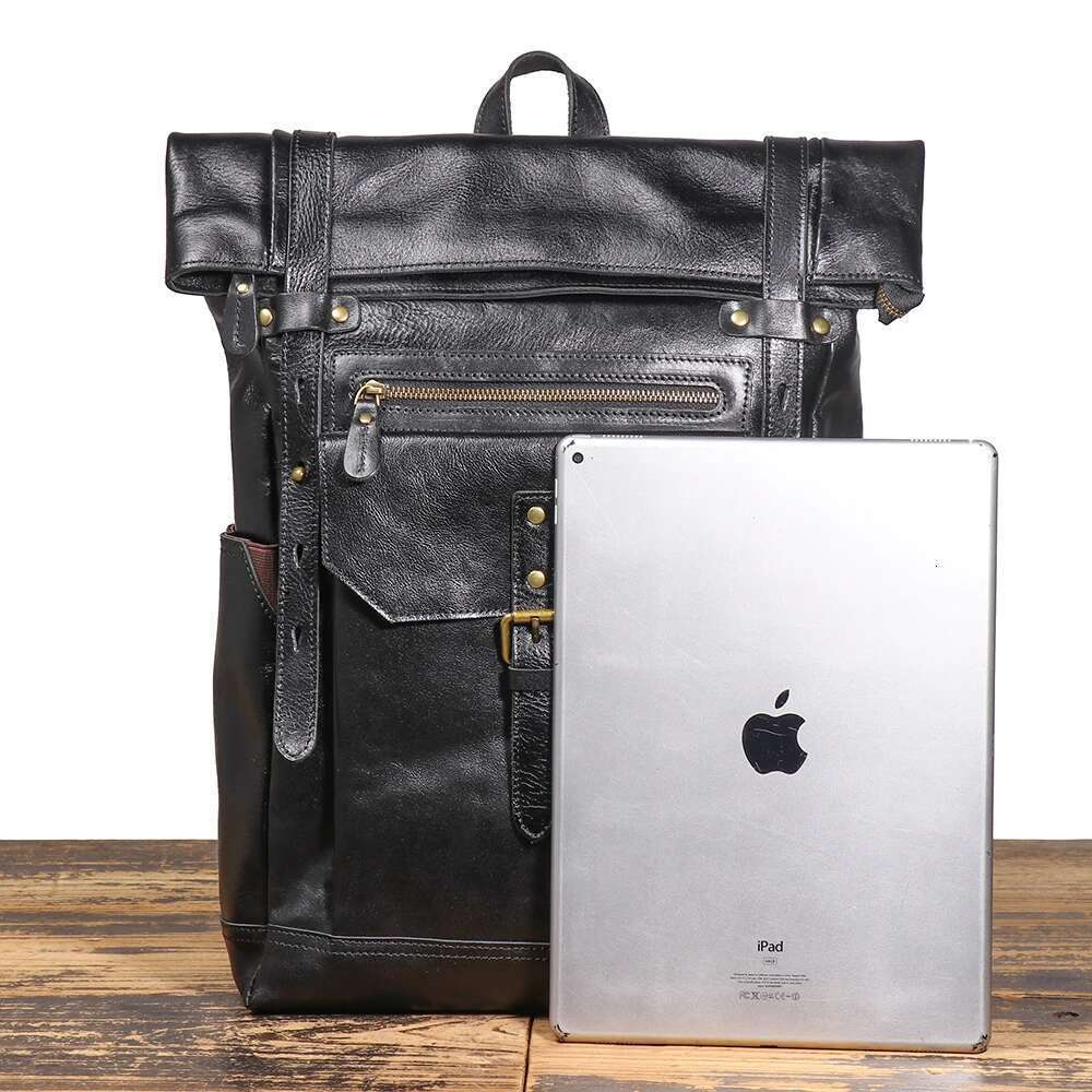 LUOKIR Genuine Leather Men's Large Capacity Backpack, First Layer Cowhide Outdoor Travel School Bag, 17-inch Laptop Bag