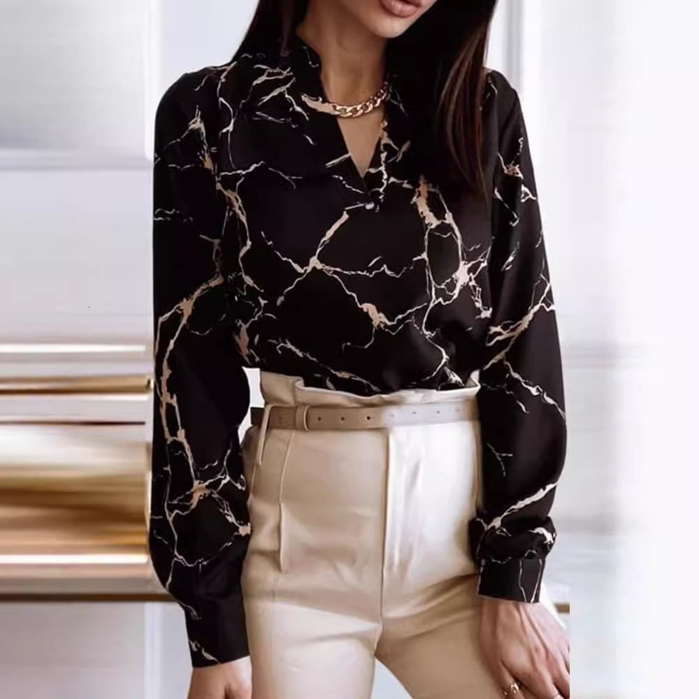 2022 spring long sleeve V-neck loose Print Shirt Blouse women