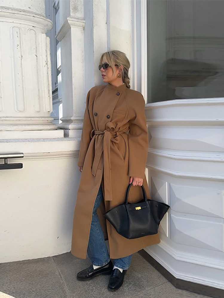 Fashion Faux Wool Long Coat for Women Autumn Elegant Double Breasted Belts Jackets Chic Turn-down Collar Thick Outerwear J251124