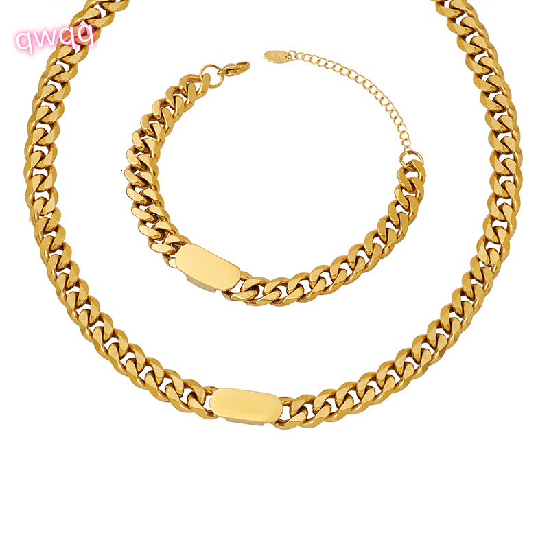 Cool Hip Hop Stainless Steel Cuban Chain Necklace Gold Plated Bracelet Sets Fashionable Accessories for Wedding Party Engagement