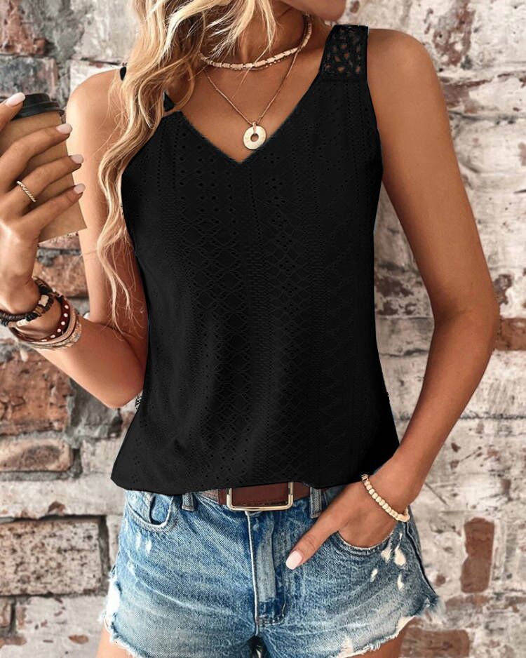 2024 New Summer Back Hollow Lace Solid Color V-neck Tank Top for Women