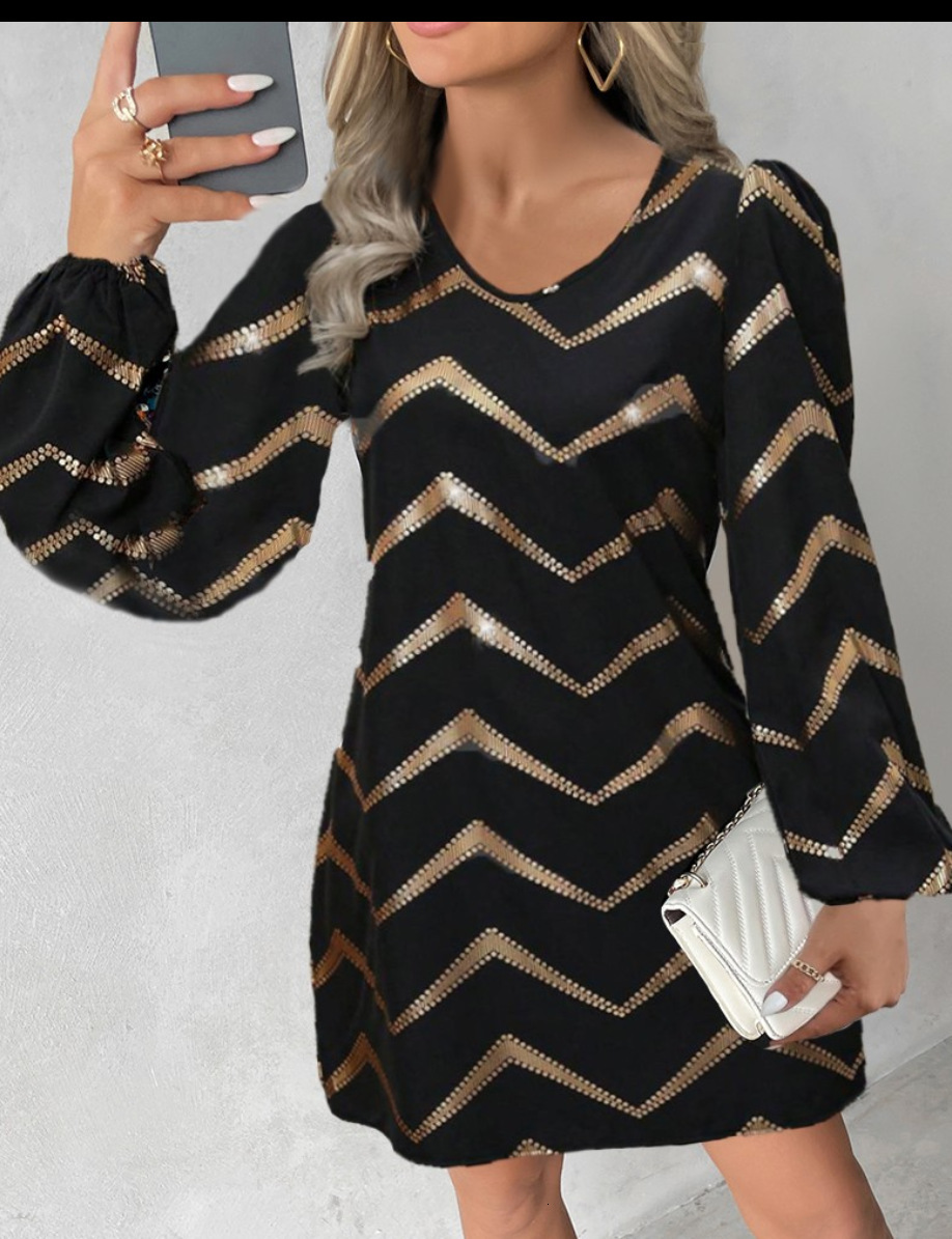 2023 autumn and winter long sleeved fashionable printed U-neck bubble sleeve dress for women