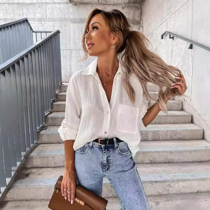 2022 Autumn simple solid color rolled sleeve V-neck button lapel shirt women