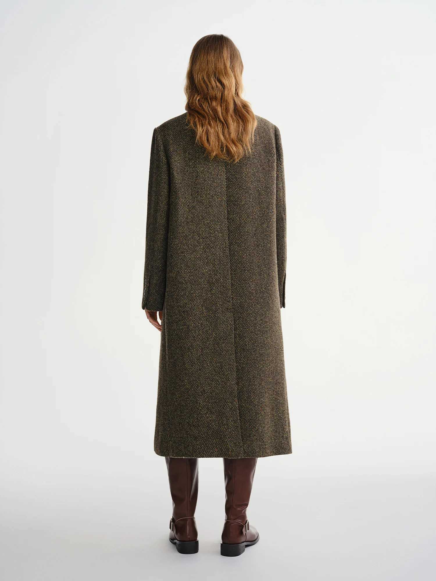 DUSHU Winter 2025 Womens Double Breasted Notch Lapel Wool Blend Coat - Classic Tweed Overcoat with Slim Fit for Office Casual J251124