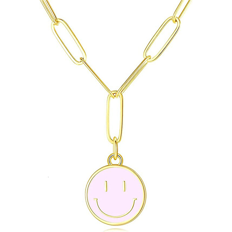 Top Source Gold Stainless Steel Rectangular Chain Colorful Smiling Face Pendant Women's Necklace Jewelry