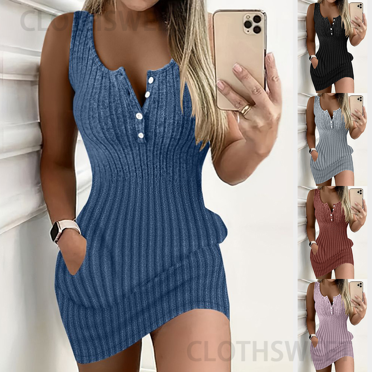 2024 New Summer Fashion Simple Solid Color Pit Strip Slimming Dress for Women