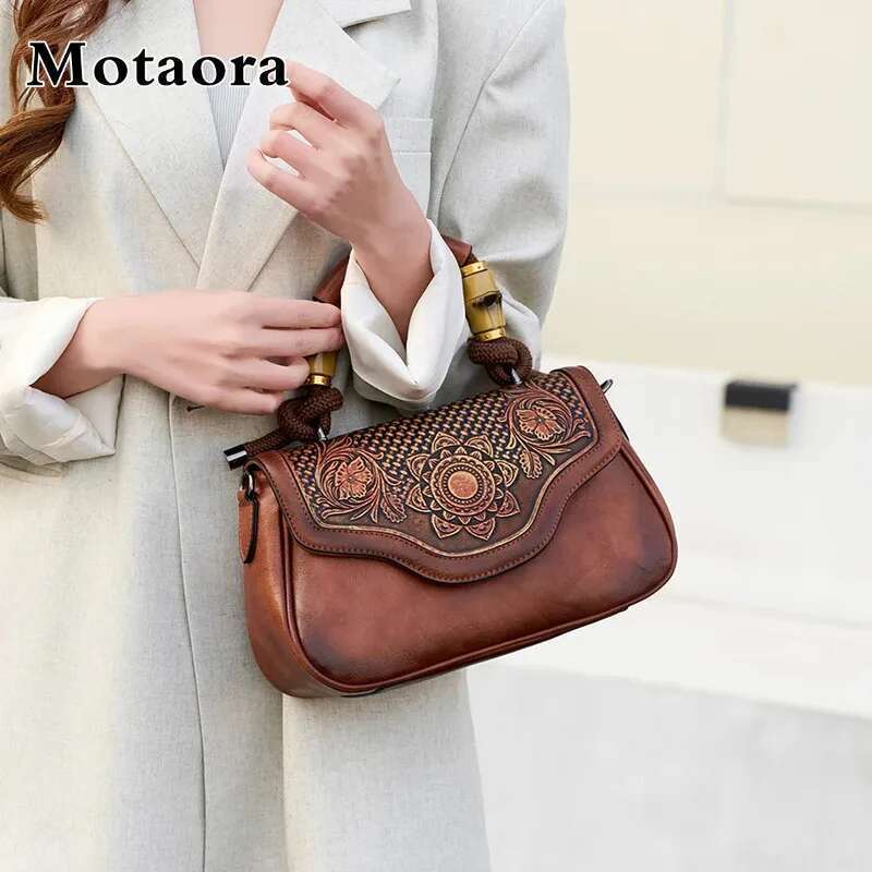 MOTAORA 2025 New Vintage Leather Women's Handbag Bamboo Handle Flap Zip Closure Adjustable Strap | Handmade 3D Eming