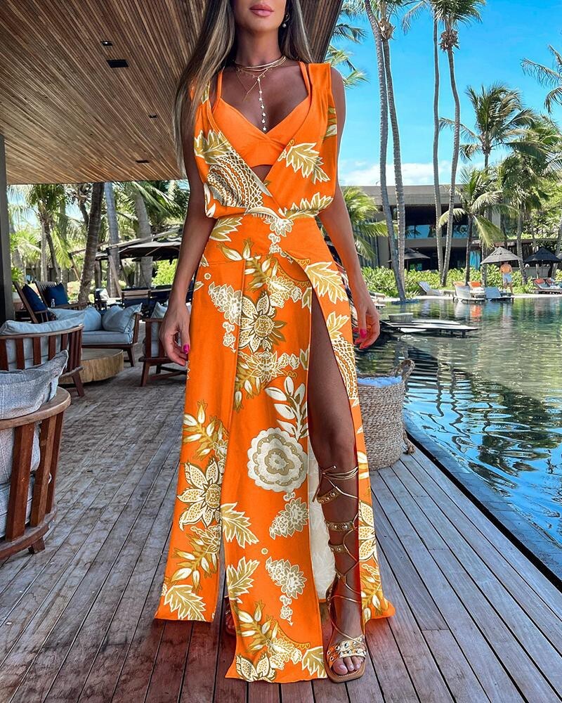 2023 Summer Sleeveless V-Neck Printed Split Bottom Dress Women