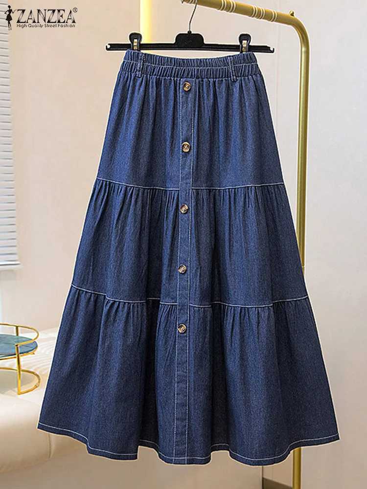 Autumn Elastic Waist Solid Skirts ZANZEA Fashion Women Denim Blue Skirt Elegant A-line Work Overskirts Leisure Loose Holiday Jupe M250424