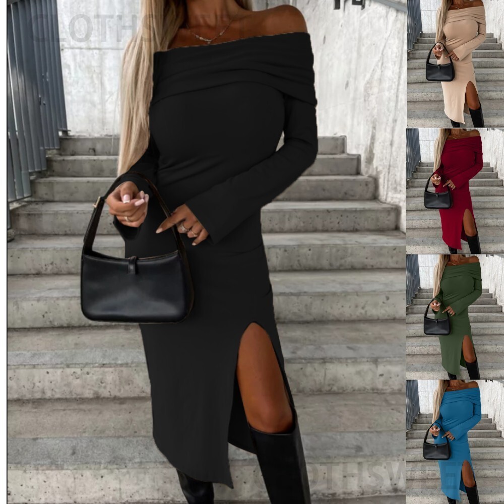 2023 Autumn/Winter New Long Sleeve Solid Color One Collar Split Dress for Women