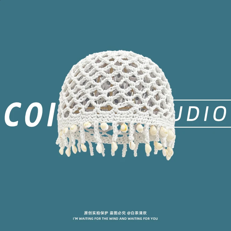 Personality Shell Fringed Knitted Fishing Net Beanies for Women Spring Summer Fashion Versatile Bohemian Style Pullover Hats 250420