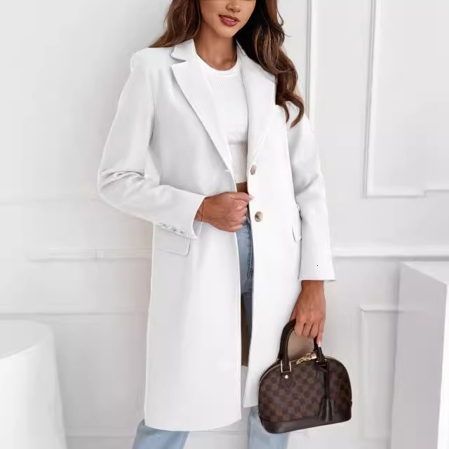 2024 autumn and winter simple solid color medium long button down woolen coat jacket for women
