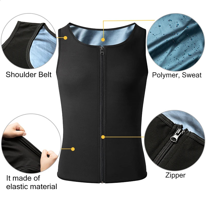 Men Slimming Sweat Body Shaper Vest Zipper Neoprene Fat burning Sauna Suit Tank Tops Workout Compression Shapewear Waist Trainer 250424