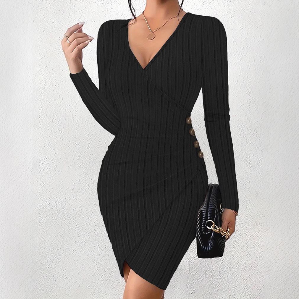 2023 autumn and winter new solid color V-neck tight fitting bag hip slimming sexy long sleeved dress for women