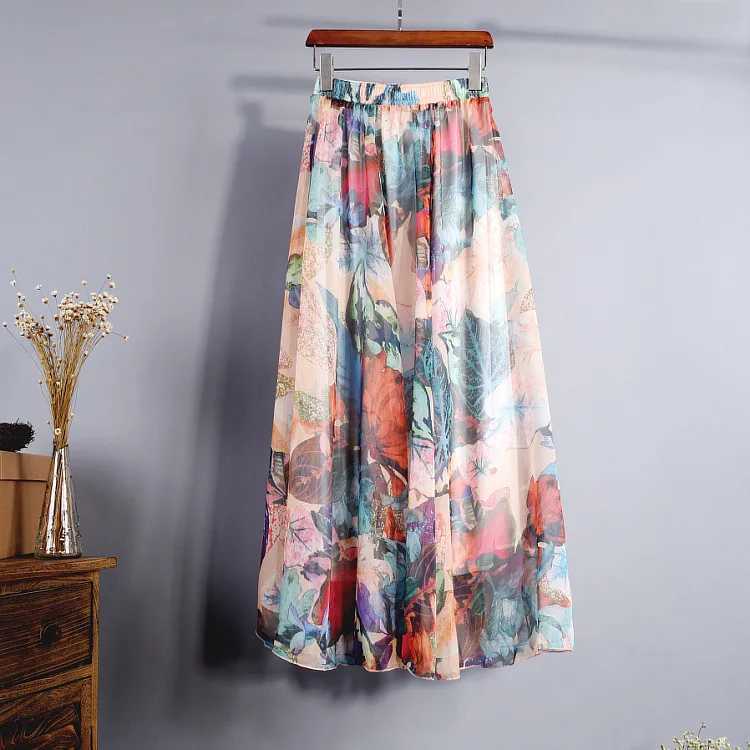 Floral print Bohemian womens retro style elegant chiffon temperature long leather summer beach high waist casual skiing M250424