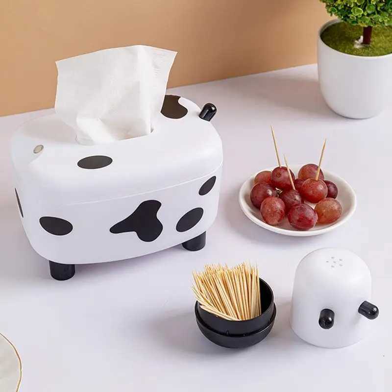 2 In 1 Tissue Box Holder With Toothpick Dispenser Cow Shaped Desktop Paper Organizer Napkin Storage Box Home DecorationM251124