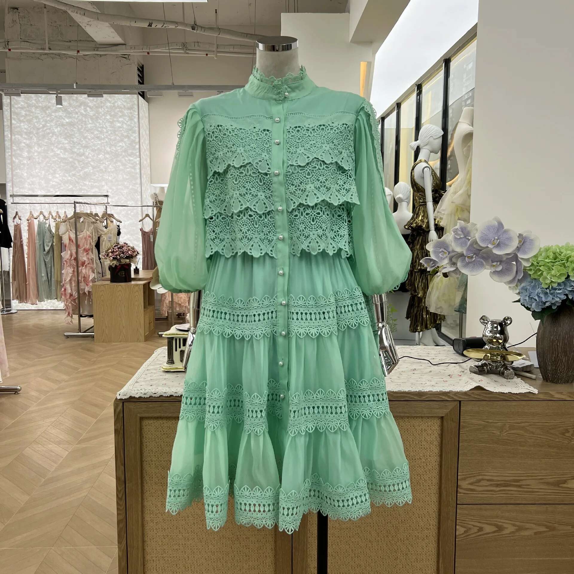 Organza Hollow Out Short Dress Women's Fashion 2025 Spring Summer Pearls Loose Evening Party Ruffles Dresses Quality