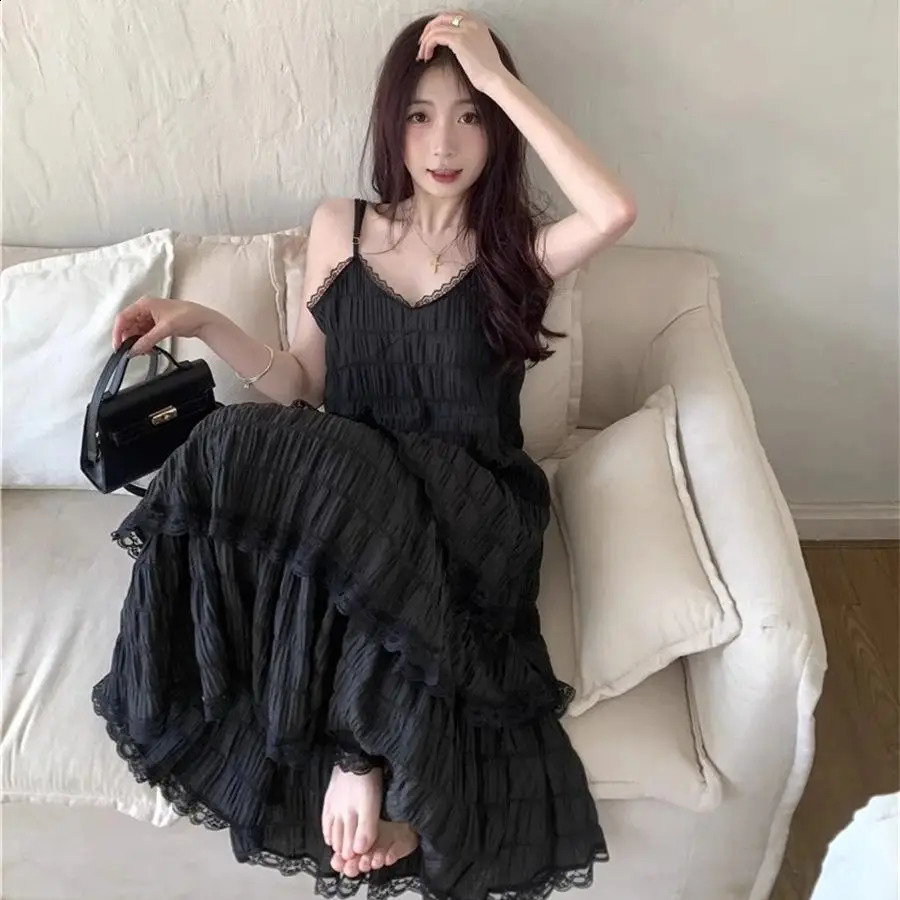 Elegant ruffled lace ribbon dress for women in fashion solid sleeveless long dress French sweet girl vest summer holiday dress 250423