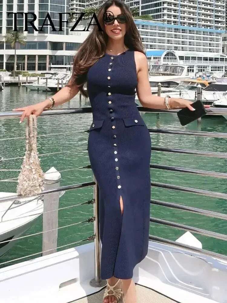 TRAFZA Women Knitted Solid Midi Slim Single Breasted Sleeveless Dresses With Fake Pockets Office Lady Woman Elegant Dress