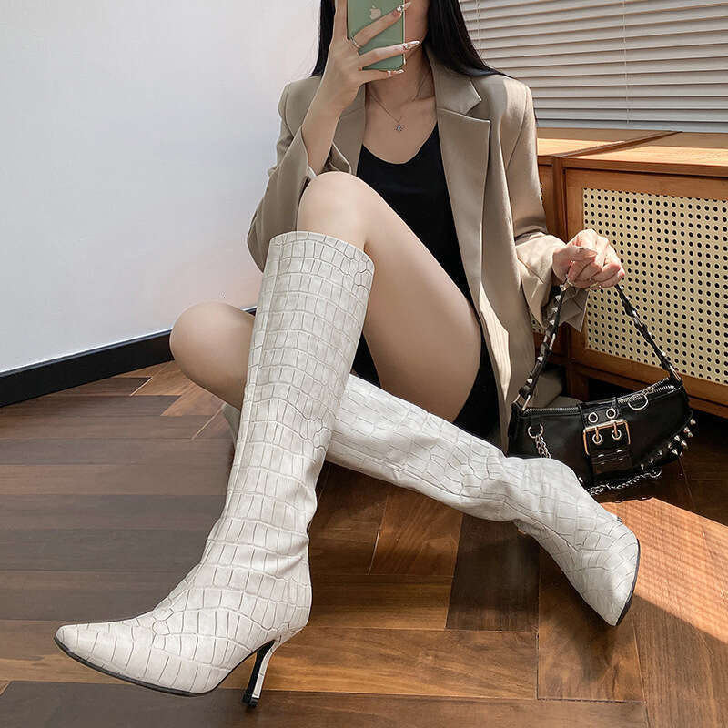 Woman Sandals New Mona Same Style Square Head Heels White Knight Crocodile Pattern High Barrel Over Knee Boots