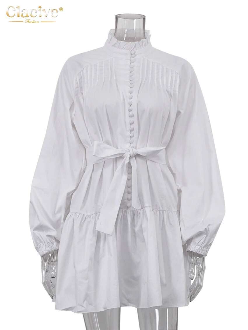 Clacive Fashion Loose White Cotton Casual Stand Collar Puff Sleeve Mini Dress Elegant Lace-Up Pleated Dresses For Women