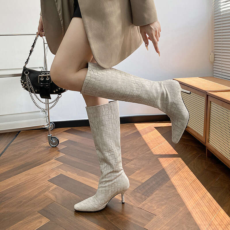 Woman Sandals New Square Head Heels Skinny Mona Same White Knight Boots Crocodile Pattern High Barrel Over Knee