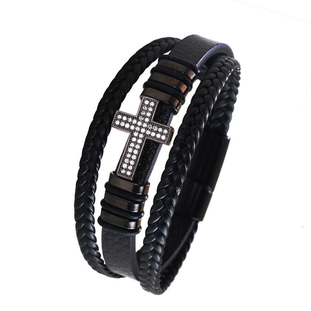 Copper inlaid zircon cross bracelet, fashionable PU leather rope, hand woven alloy bracelet jewelry