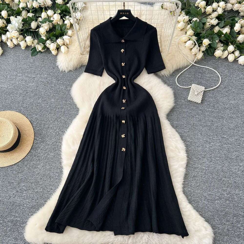 Designer Clothes Yuoomuoo Chic Fashion Elegant Patchwork Knitted Maxi 2025 Summer Lady Turn-Down Collar Shirt Sweater Dress Party Vestidos