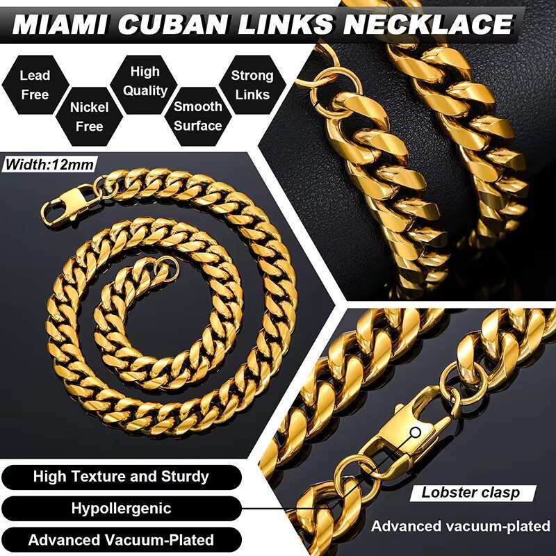 Non Tarnish Free Waterproof Gold Plated Filled Stainless Steel Cuban Chain Mens Hip Hop Jewelry Cuban Link Chain Necklace
