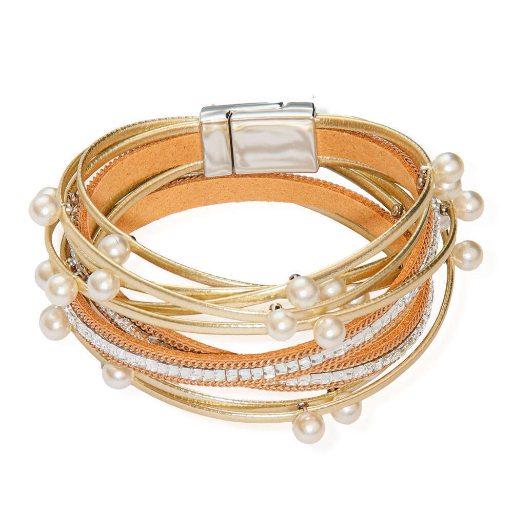 Temu Fashion Leather Inlaid with Water Dia Pearl Multi Loop Wrapped Magnetic Buckle Bracelet Jewelry