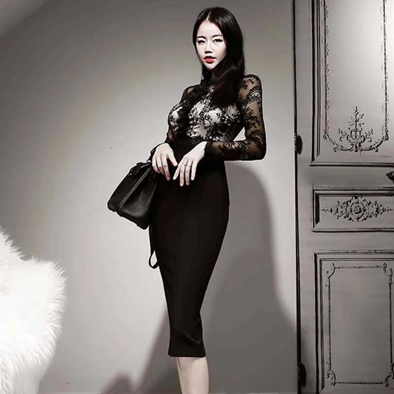 H Han Queen Korean Spring Retro Lace Ing Vestidos Sexy Dress Women Office Work Bodycon Sheath Casual Pencil Dresses