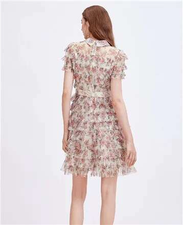 Elegant Floral Ruffle Cake Dresses Shirt Women Summer Holiday Printed Short Sleeve Evening Vestidos Bow Dots Party Robe