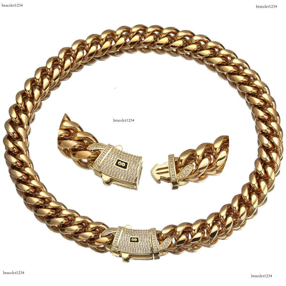 6-14mm Hip Hop Solid Stainless Steel Miami Cuban k Chain Zircon Clasp Mens Simple High Polished Jewelry