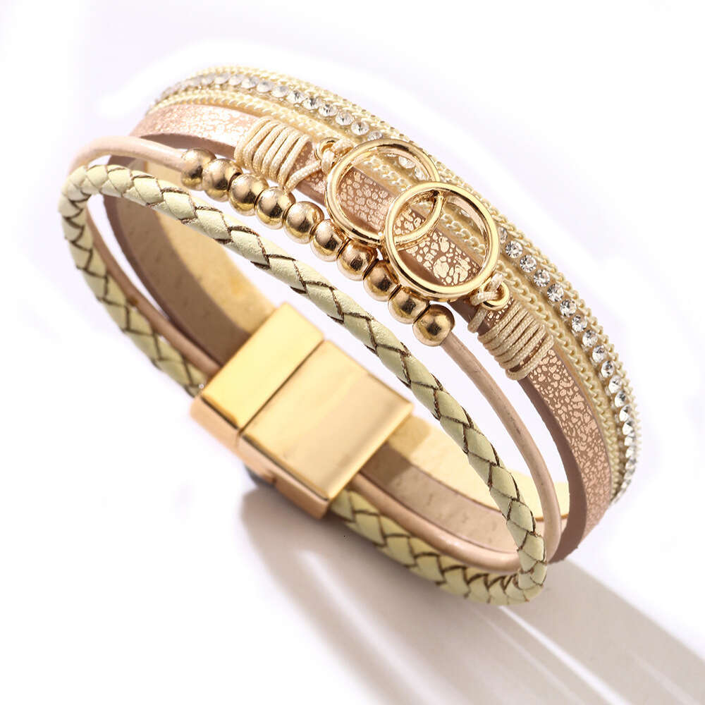 2025 New Product PU Colorful Ring Gold Beads Handmade Weaving Leather Strap Bracelet Campus Fashion Style Jewelry