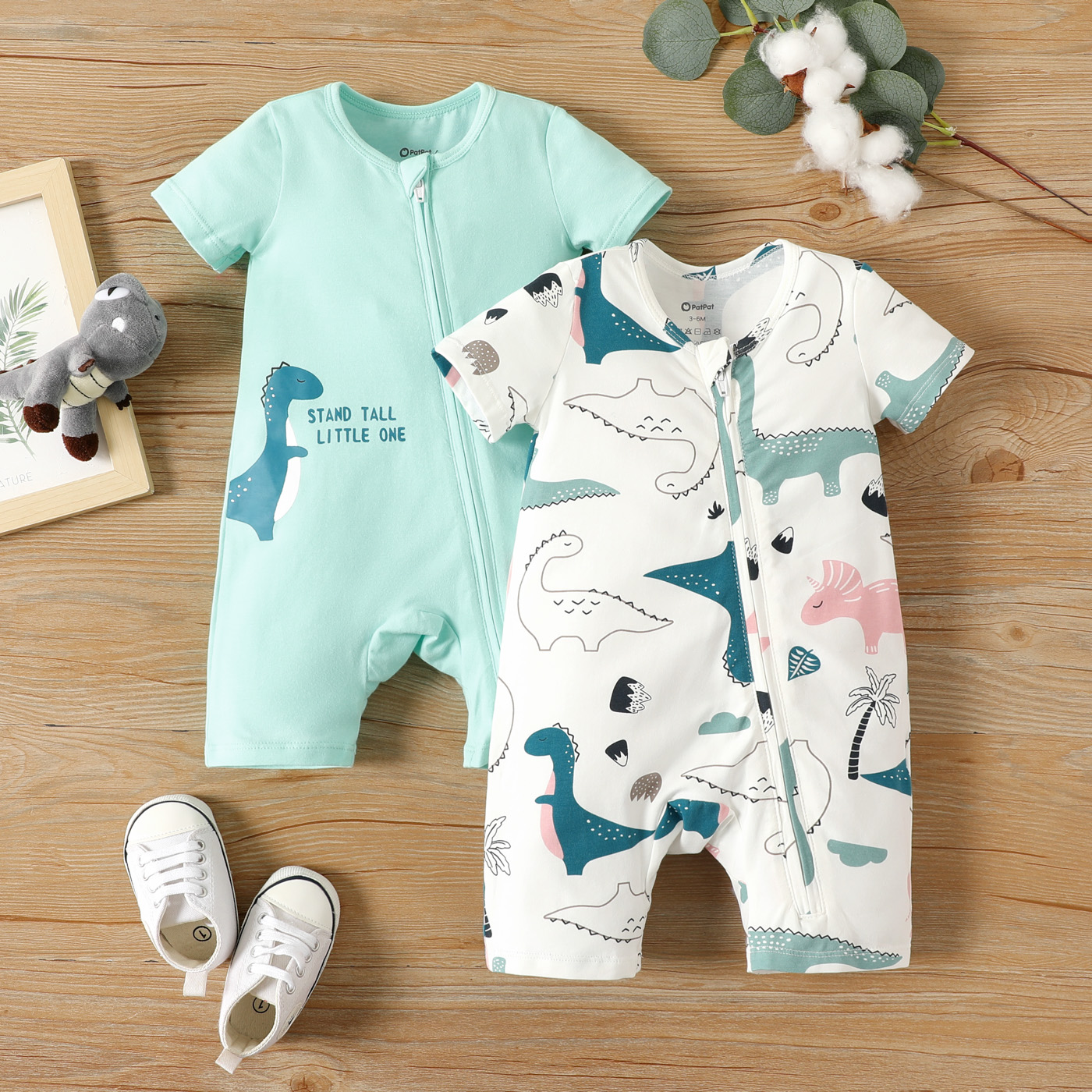 PatPat 2-Pack Baby Boy Cotton Dinosaur Print Short-sleeve Rompers