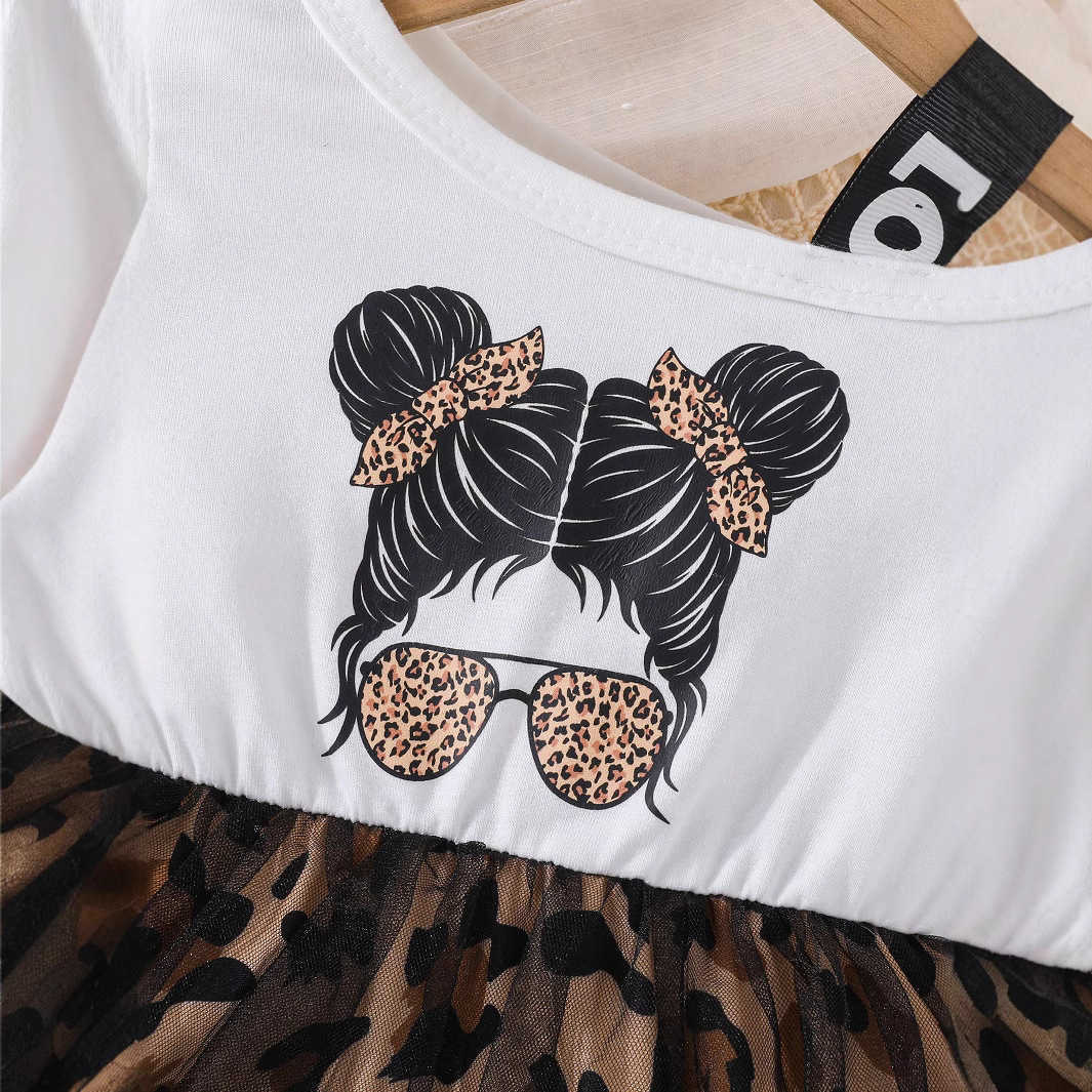 Girls Leopard Pattern Summer Girls Dress 2025 New Fashionable Girl Printed Splicing Leopard Pattern Mesh Skirt Y2504233sky