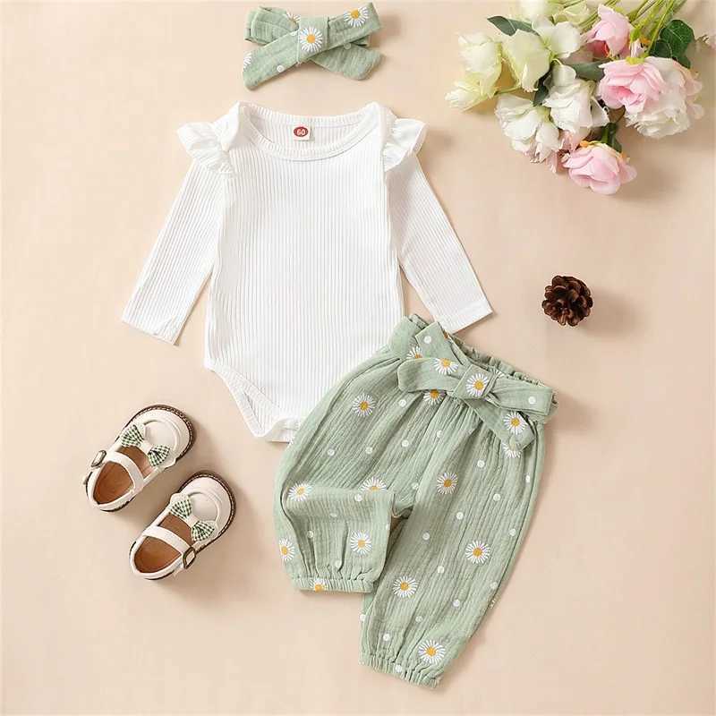 Clothing Sets 2023-11-03 Lioraitiin 0-24M Baby Girl Print Outfit Solid Ribbed Ruffle Romper Long Sleeve Pants Headbands Clothes Set R250424