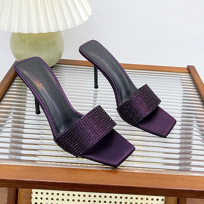 Woman Sandals Square Toed High Heeled Slippers For Women In Purple Summer Sexy Socialite Wearing Rhinestones Exposed Toes One Line Slim Heel Sandals W