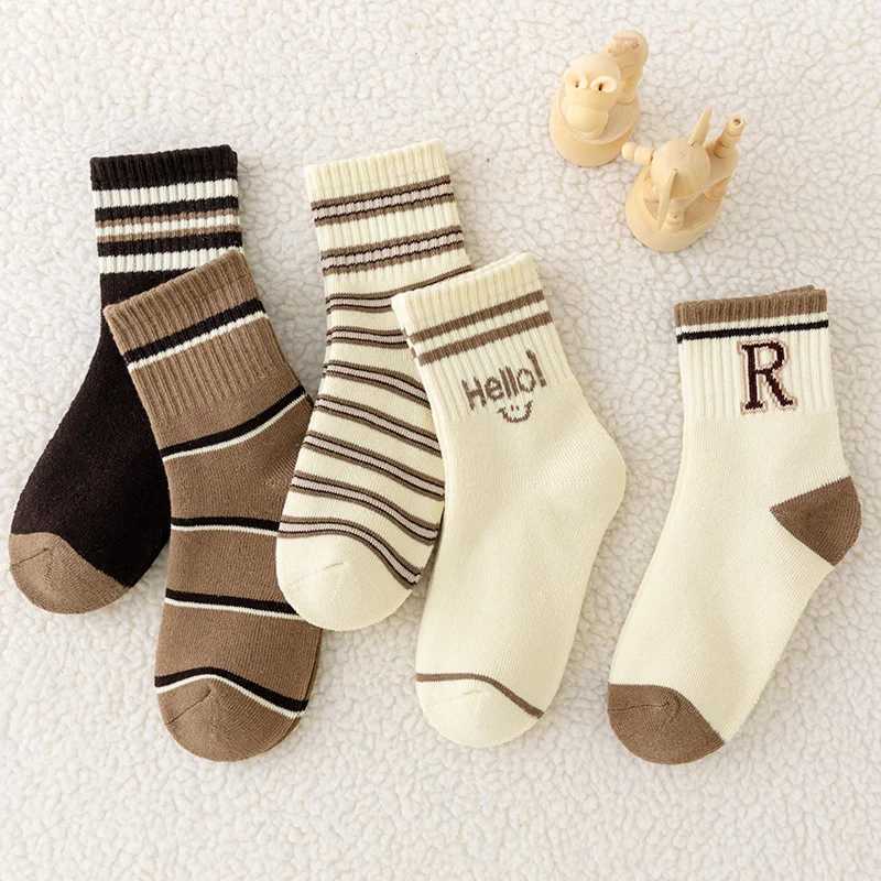 Five pairs of boys socks for autumn and winter trendy and versatile alphabet striped looped mid-calf socks G251124