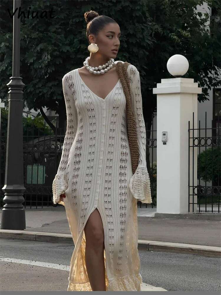 Vhiuat Knitted Sleeve Casual Party Long Flare Dresses For Women Chic Slim Hollow Out Beach Holiday Dress Autumn 2024