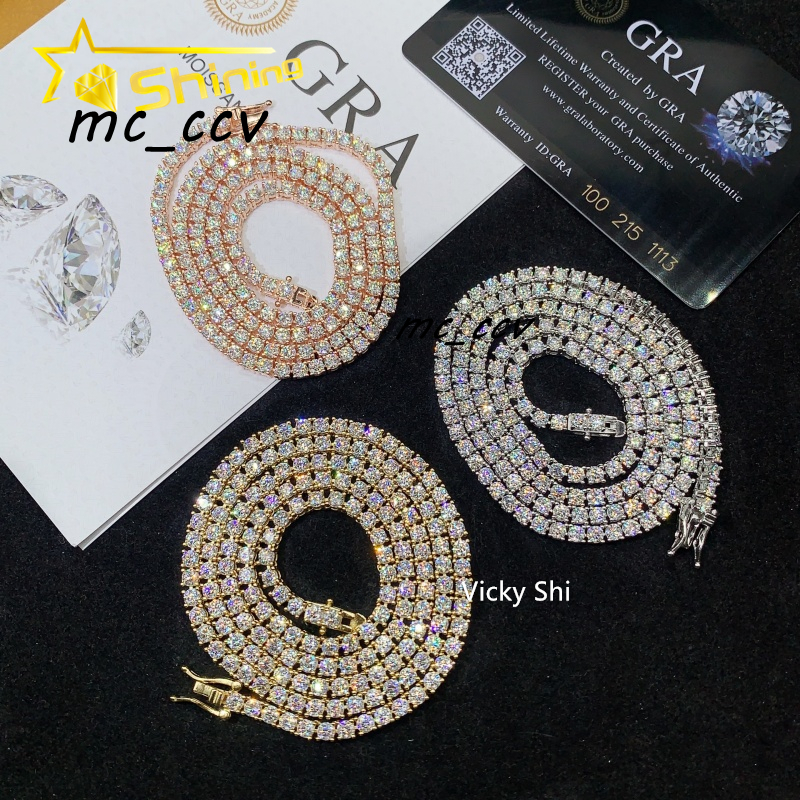 Fast Shipping Hip Hop Iced Out 3mm Moissanite Tennis Chain Men Women 925 Silver Moissanite Tennis Necklace GRA Certificated