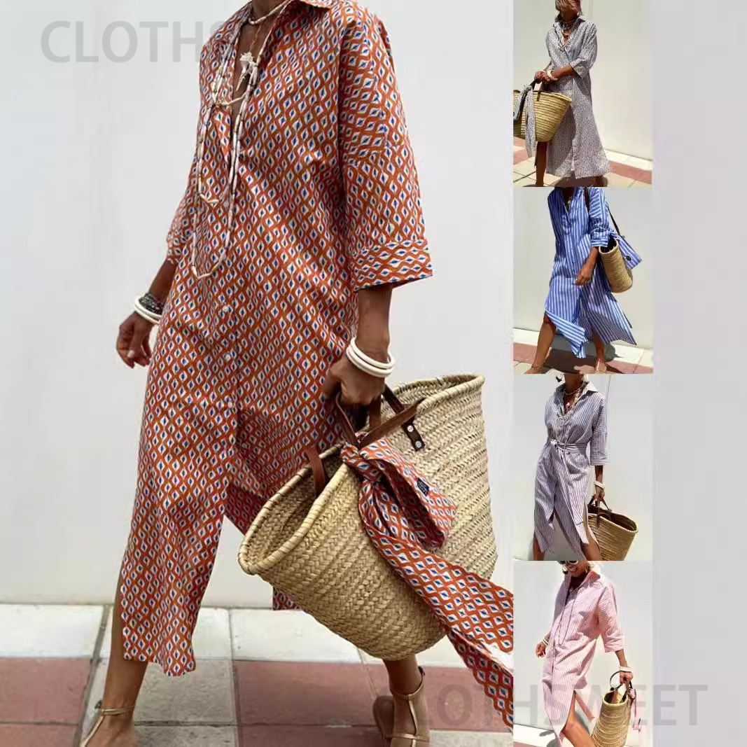 2024 Autumn Half Sleeve Striped Double Side Split Shirt Dress for Women