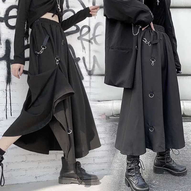 Large size Harajuku punk style skateboarding womens high waisted buckle irregular Gothic skateboarding black hip-hop streetwear free adjustable M25042