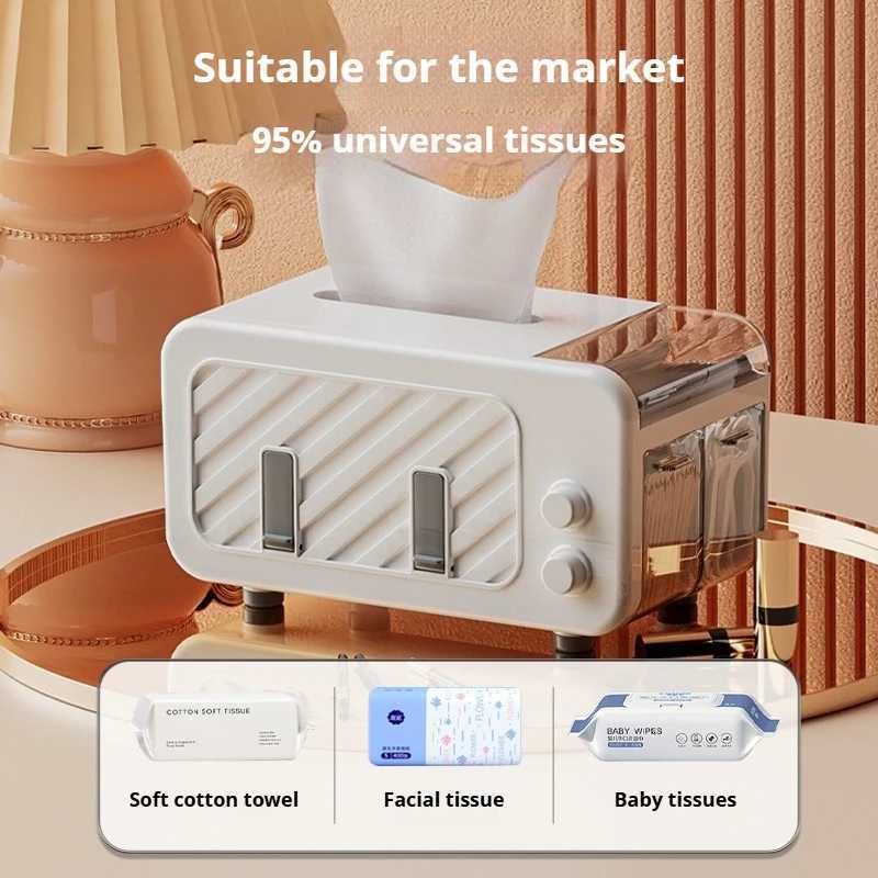 Multifunctional Tissue Box with Phone Holder Side Storage Side drawer for toothpicks/wires Smooth Pull for Home OfficeM251124