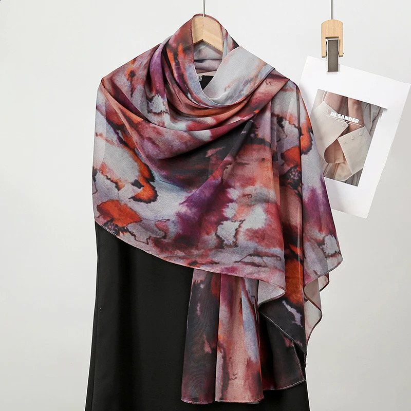 Watercolor Digital Print Chiffon Hijab Scarf Woman Muslim Hijab Shawls Lady Colorful Blue Ethnic Turban Bandana 250424