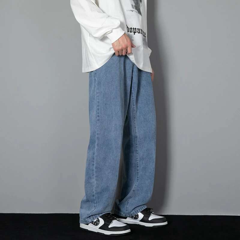 2025 New Korean Men's Casual Long Jeans Classic Man Straight Denim Wide-Leg Pants Solid Color Light Blue Grey Black
