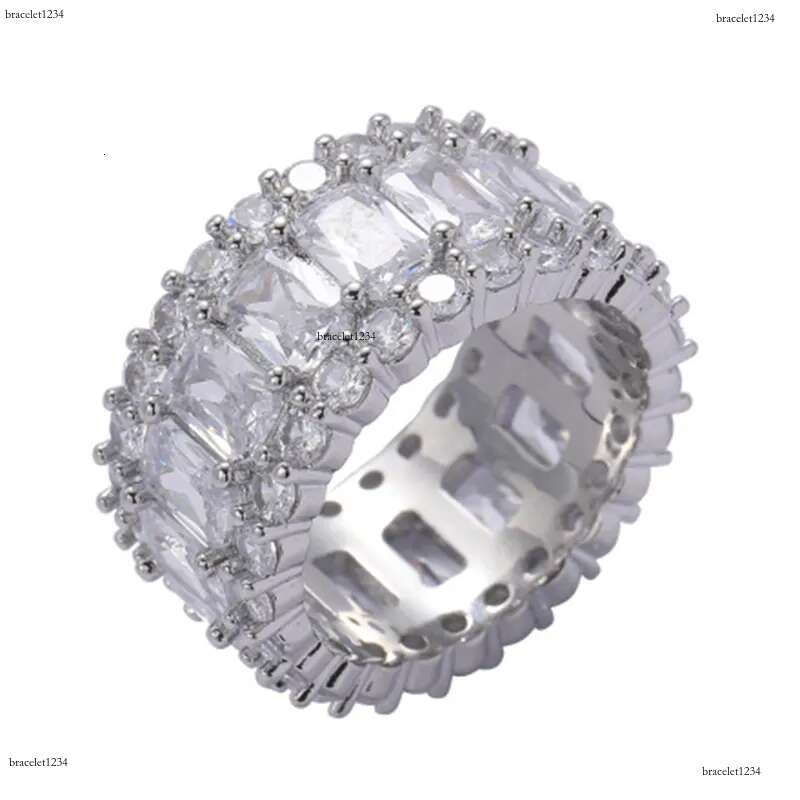Hip Hop CZ Cubic Zircon Geometric Finger Ring Band Iced Out White Gold Bg Baguette Dia Rings for Women Men Boyfriend Valentine Birthday Jewelry Gifts