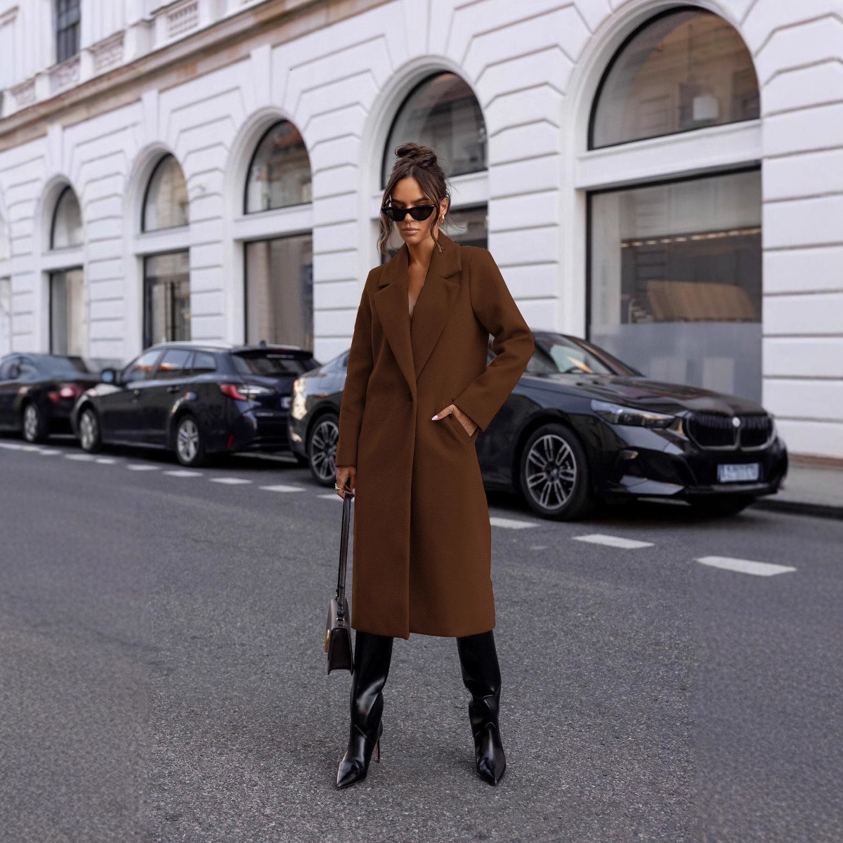 2024 Winter Simple Solid Color Long Sleeve Medium Long Woolen Coat Womens Wear