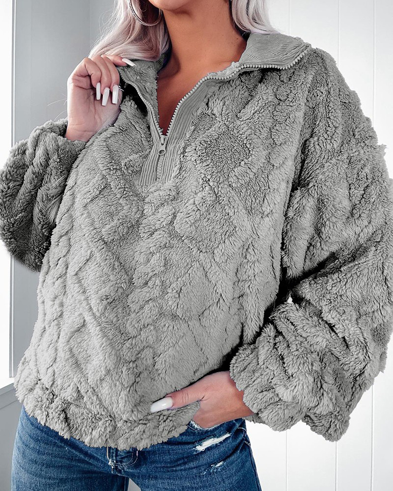 2024 new autumn and winter simple solid color half zipper stand up collar loose plush pullover hoodie